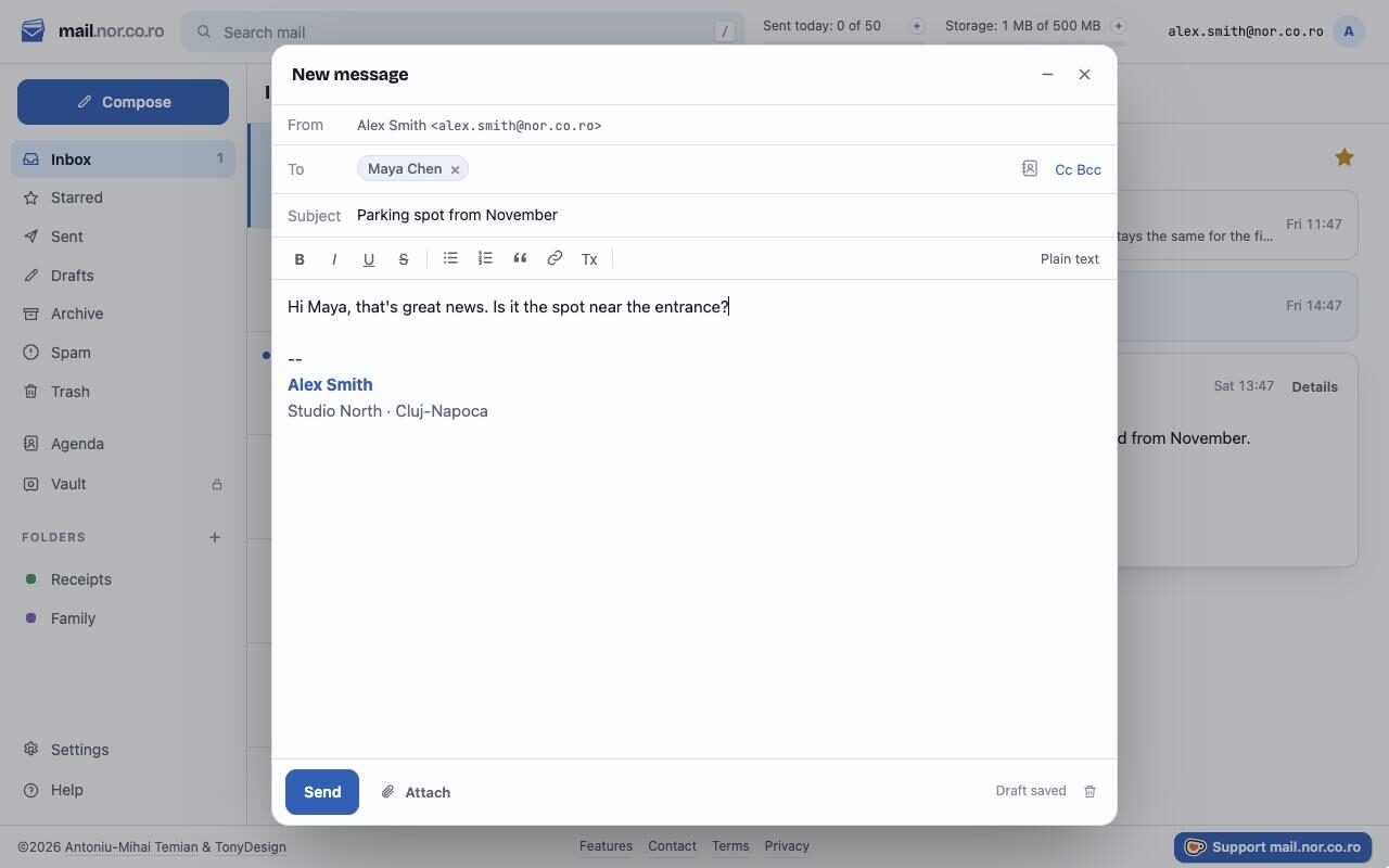A new message with a person from the Agenda and a formatted signature