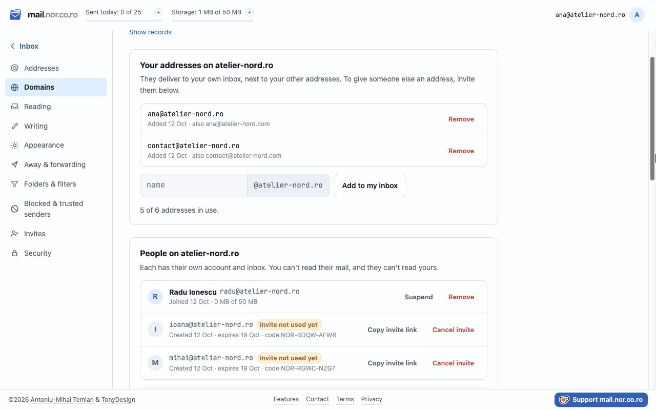 An own domain's page: the addresses in your inbox, and the people invited onto it