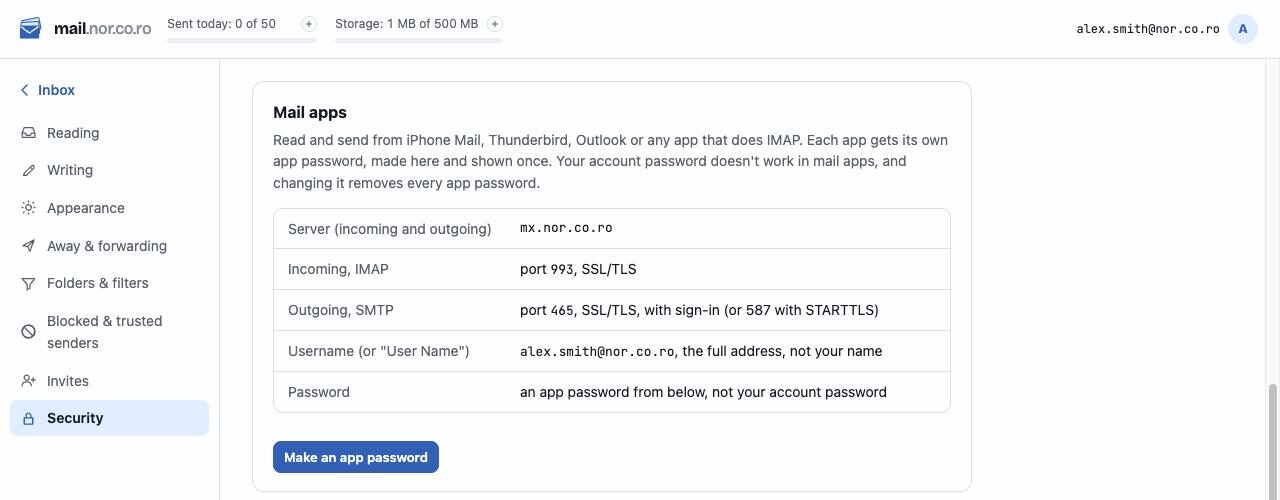 The mail app settings: server, ports and app passwords